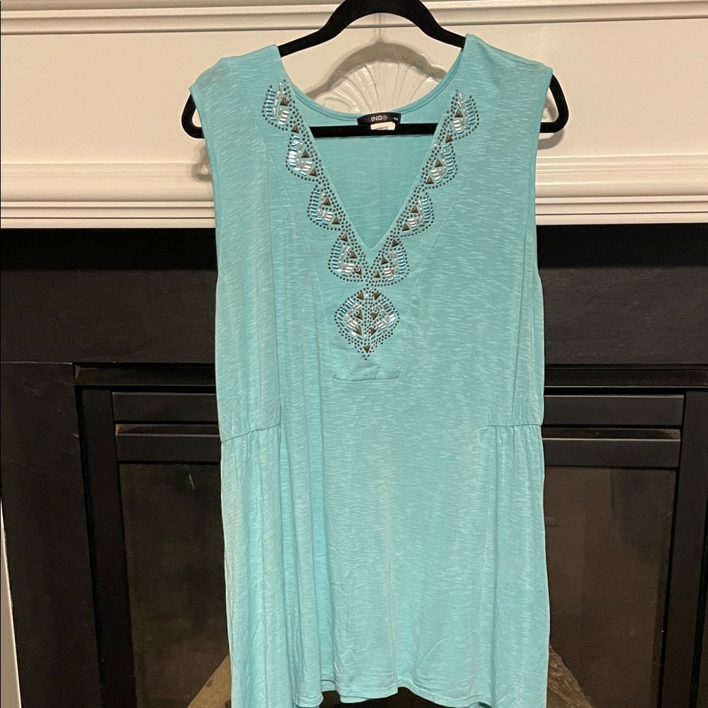 Ing Sleeveless Aqua Top with Decorative Neckline